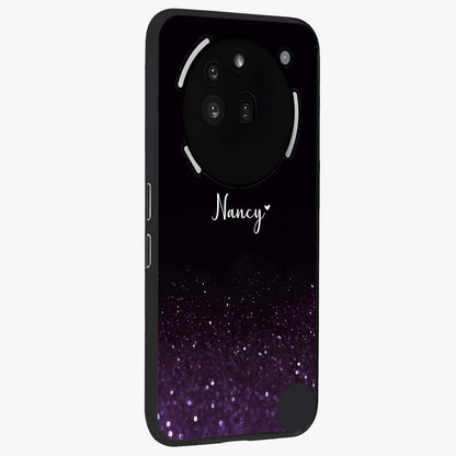 Glittery Purple Bokeh Custom Name Glass Case upright view showcasing vibrant purple sparkle artwork with personalized aesthetic style.