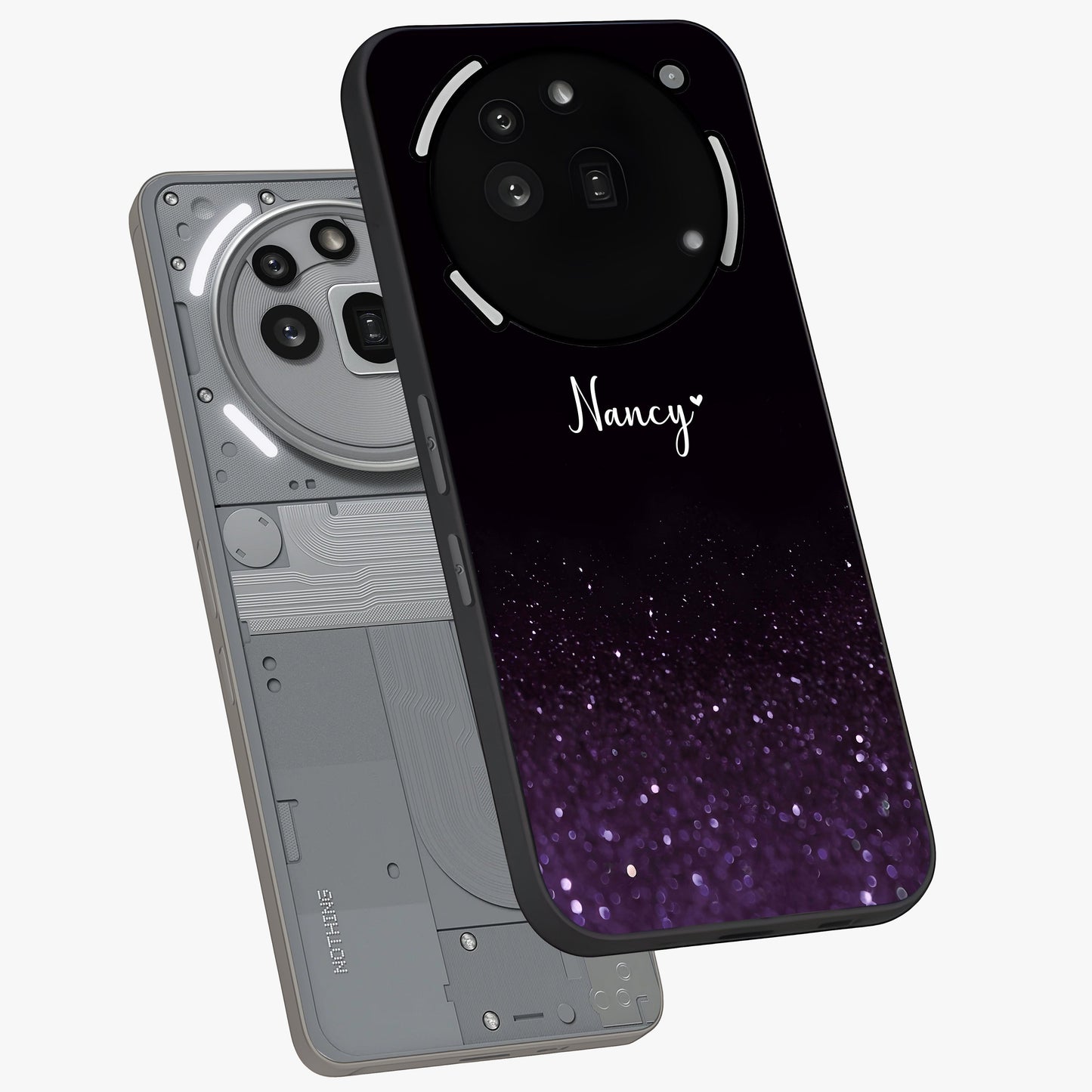Glittery Purple Bokeh Custom Name Glass Case displayed in angled mockup highlighting glitter bokeh pattern with custom name feature.