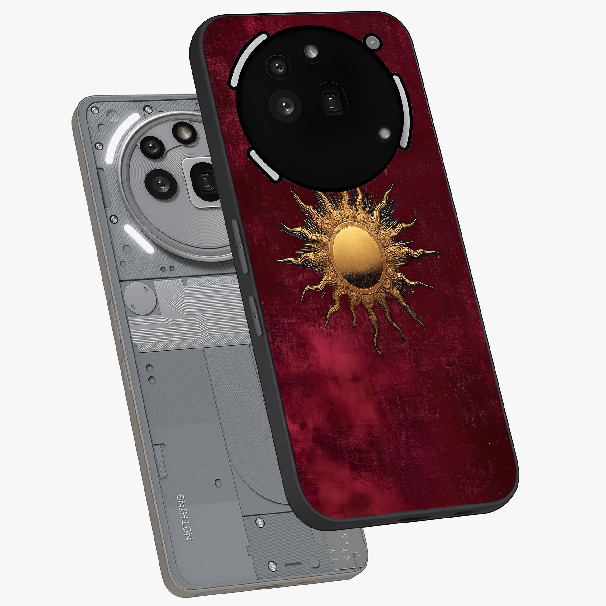 Golden Sun Minimalism Glass Case displayed in angled mockup highlighting clean sun symbol design with modern minimal aesthetic.