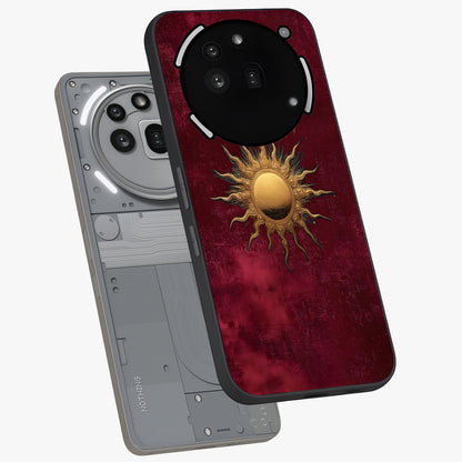 Golden Sun Minimalism Glass Case displayed in angled mockup highlighting clean sun symbol design with modern minimal aesthetic.
