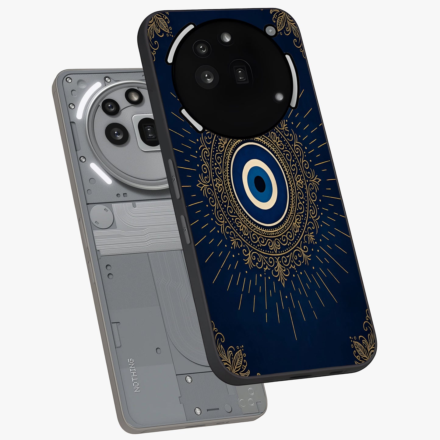 Golden Celestial Charm Glass Case displayed in angled mockup highlighting sparkling cosmic charm design with celestial aesthetic.