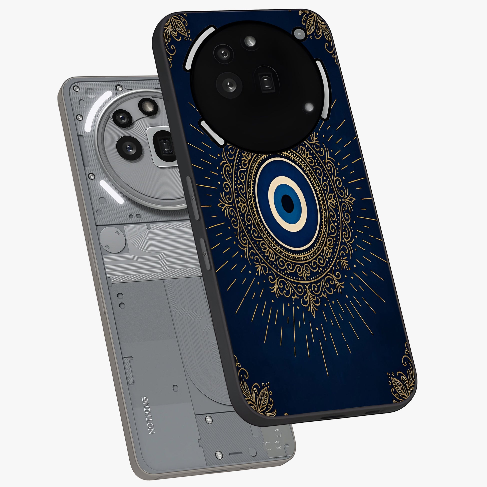 Golden Celestial Charm Glass Case displayed in angled mockup highlighting sparkling cosmic charm design with celestial aesthetic.