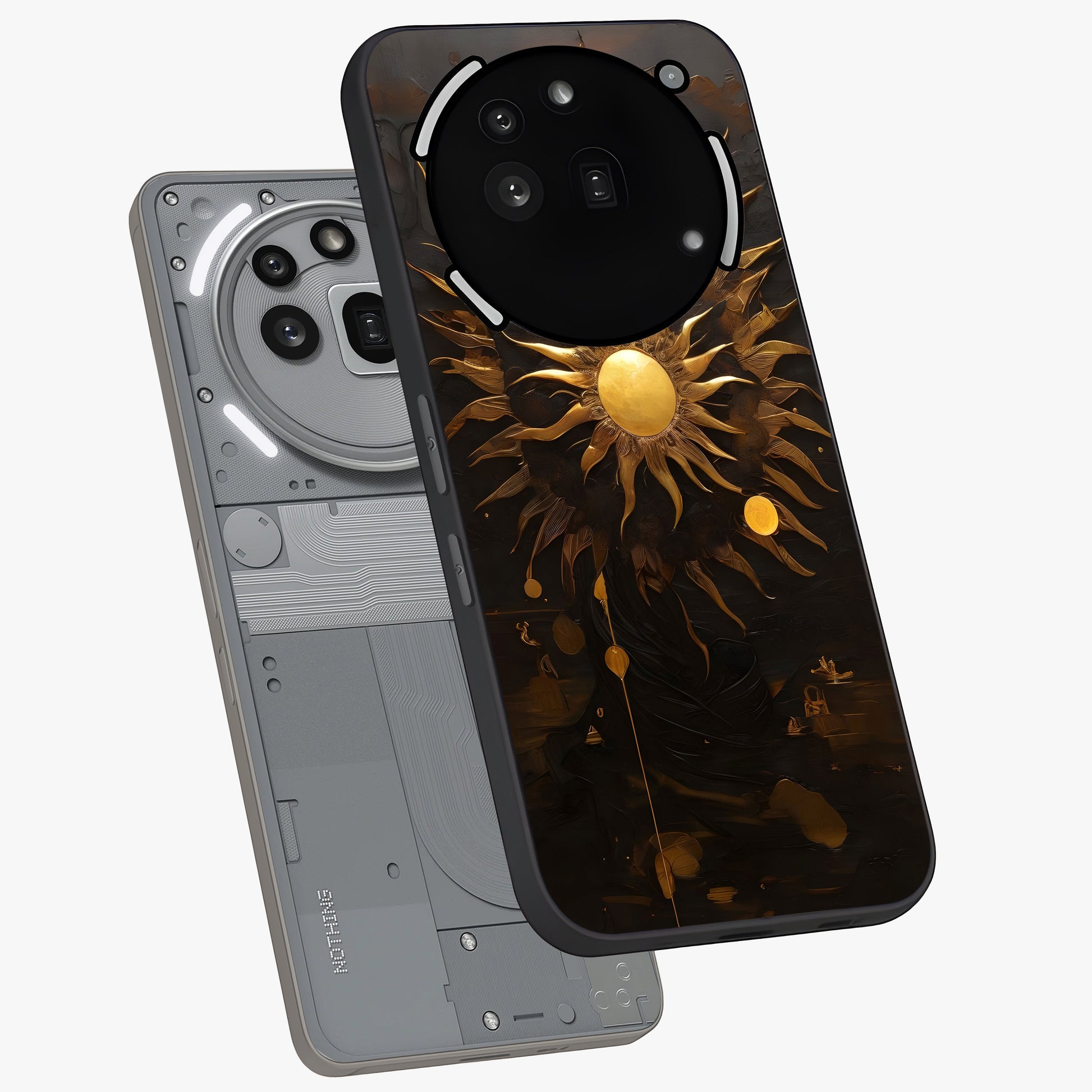 Golden Sun Majesty Glass Case displayed in angled mockup highlighting eerie shadow illustration with gothic aesthetic.