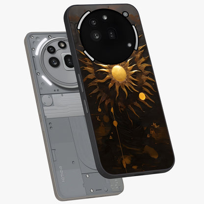 Golden Sun Majesty Glass Case displayed in angled mockup highlighting eerie shadow illustration with gothic aesthetic.