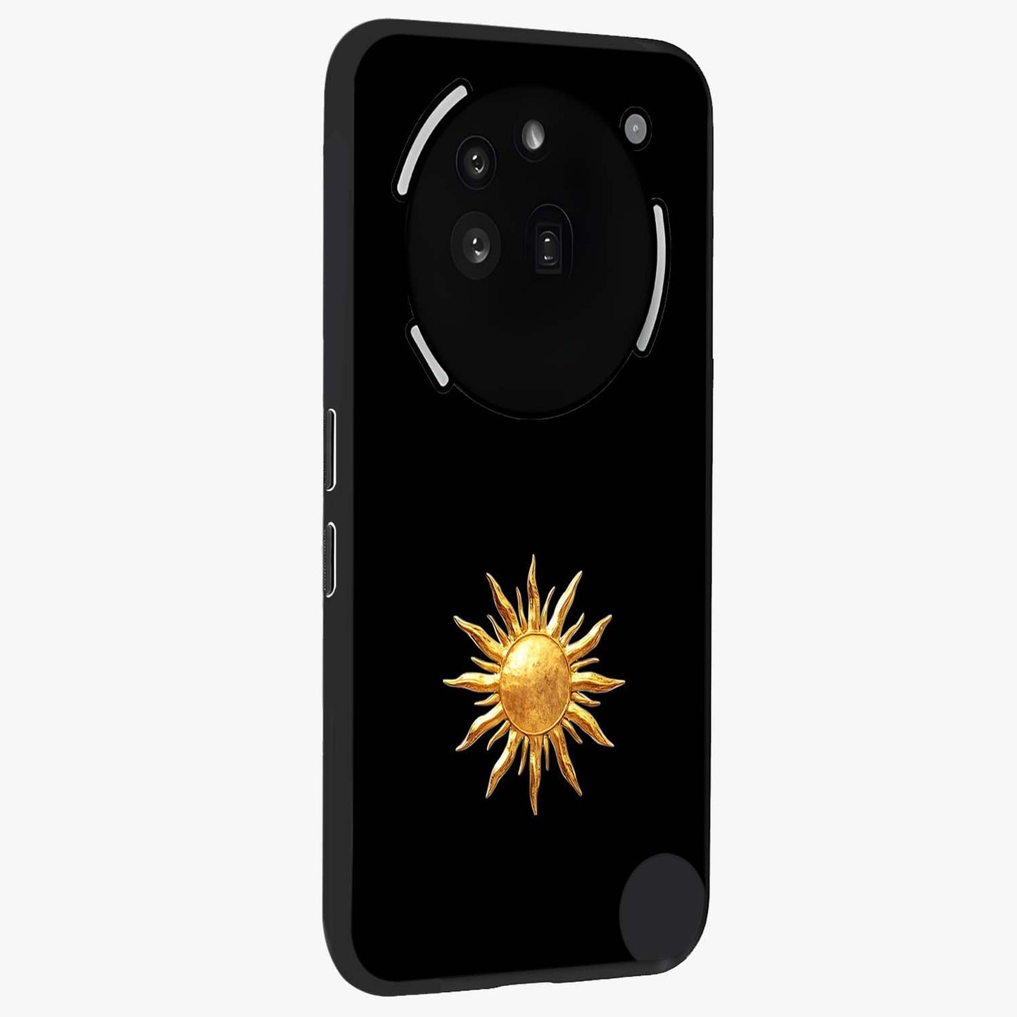 Golden Sun Minimalism Glass Case upright view showcasing haunting graveyard artwork with dramatic dark theme.