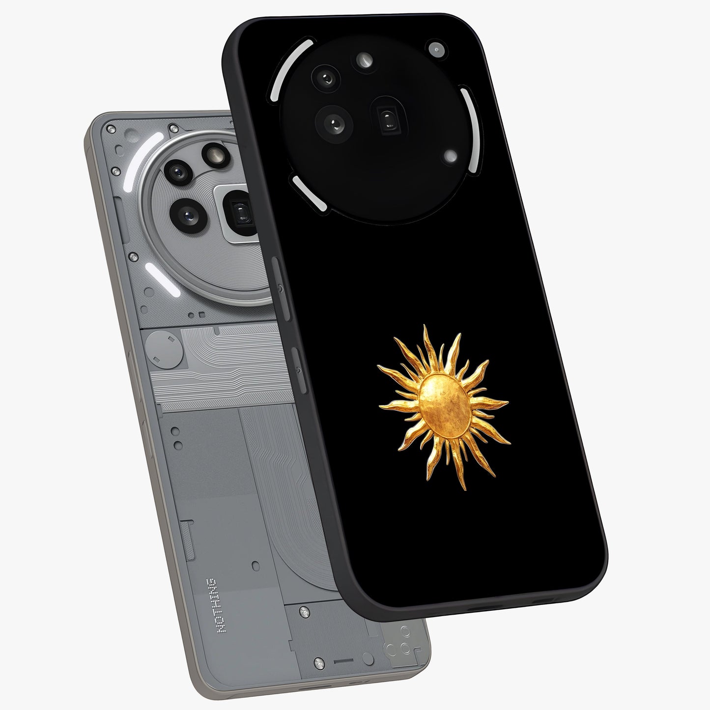 Golden Sun Minimalism Glass Case displayed in angled mockup highlighting eerie shadow illustration with gothic aesthetic.