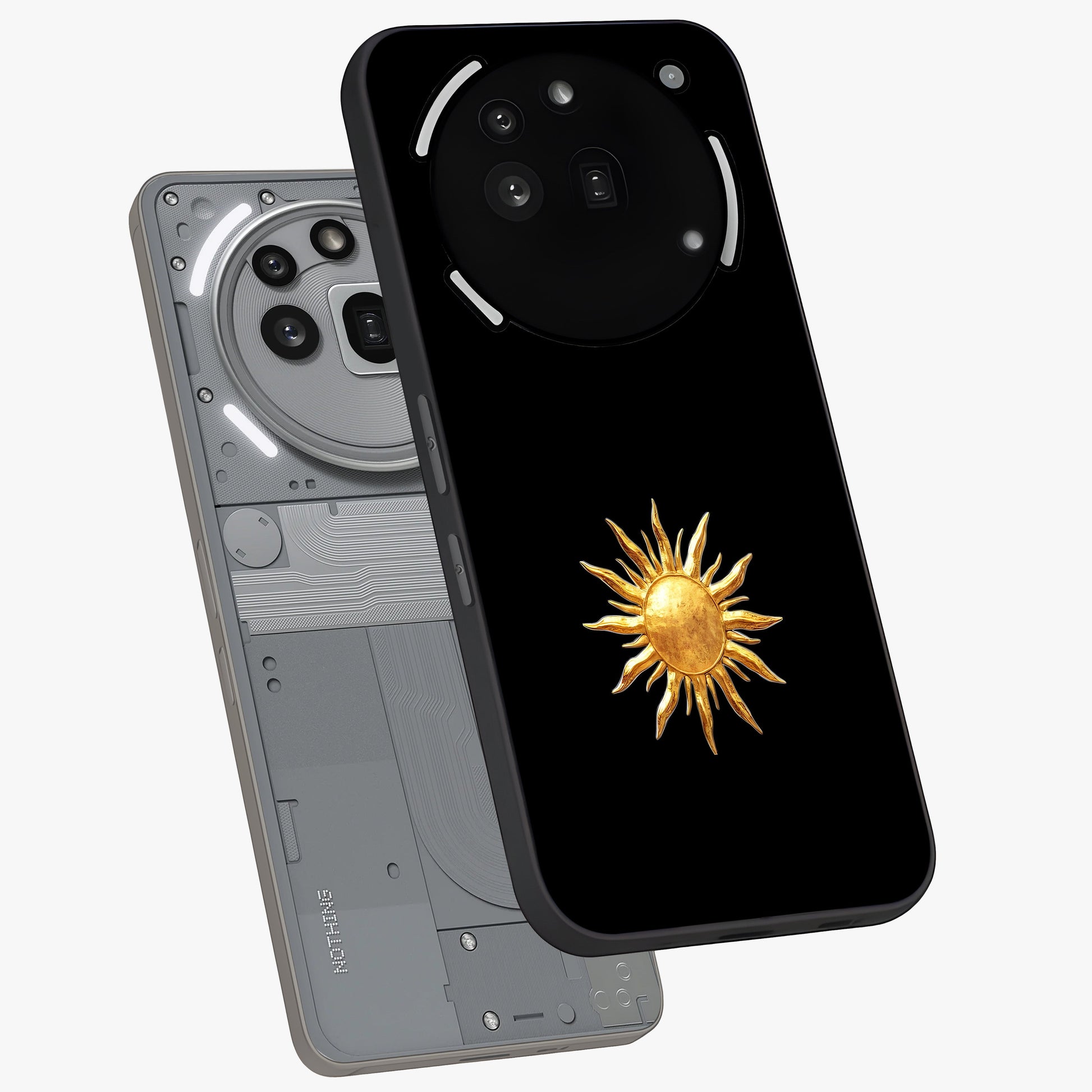 Golden Sun Minimalism Glass Case displayed in angled mockup highlighting eerie shadow illustration with gothic aesthetic.