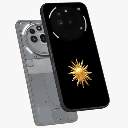Golden Sun Minimalism Glass Case displayed in angled mockup highlighting eerie shadow illustration with gothic aesthetic.