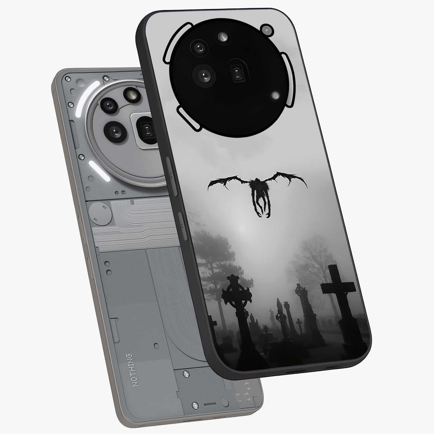Graveyard Shadow Descent Glass Case displayed in angled mockup highlighting eerie shadow illustration with gothic aesthetic.