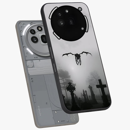 Graveyard Shadow Descent Glass Case displayed in angled mockup highlighting eerie shadow illustration with gothic aesthetic.