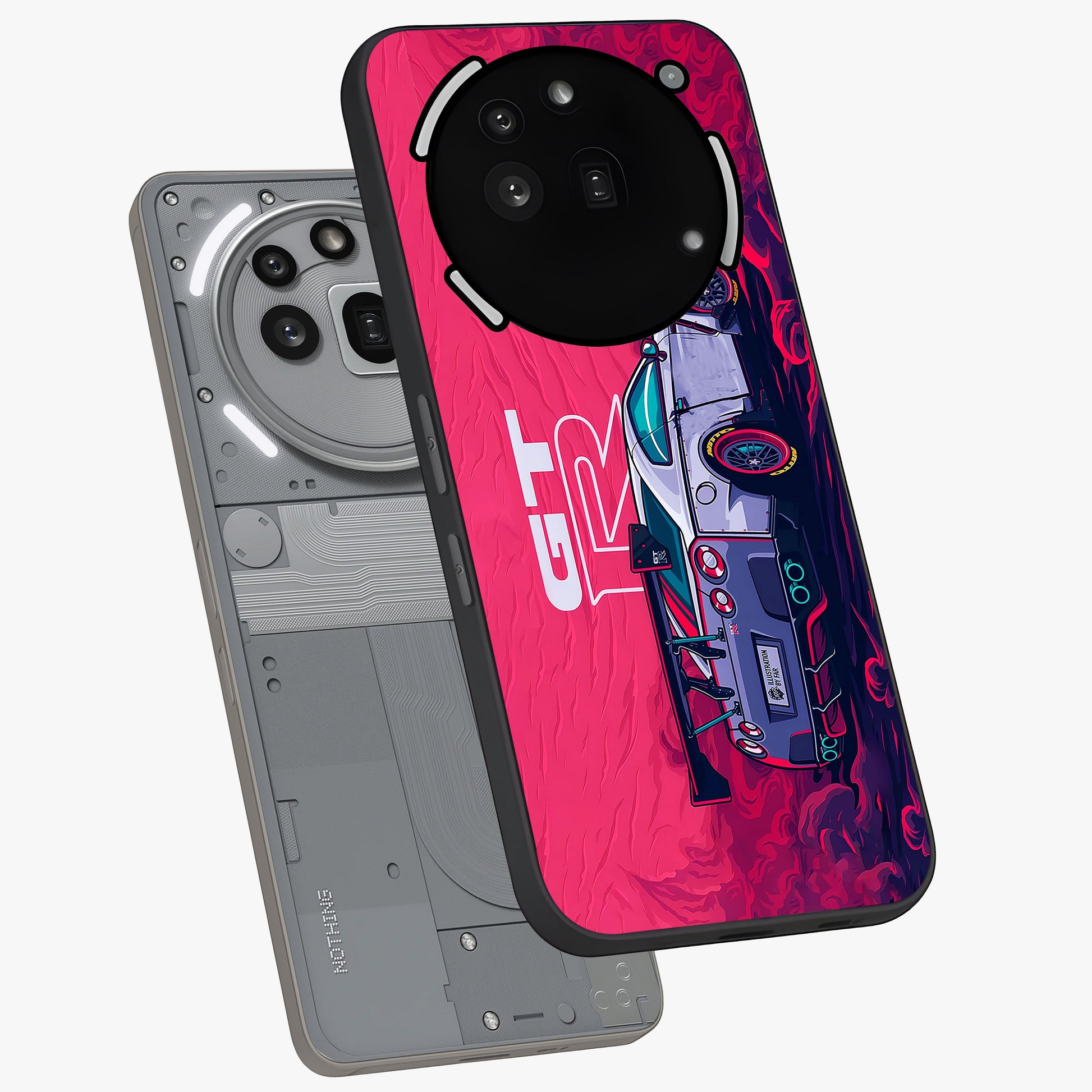 GT-R Car Pattern Glass Case displayed in angled mockup highlighting racing car graphic design with bold automotive aesthetic.