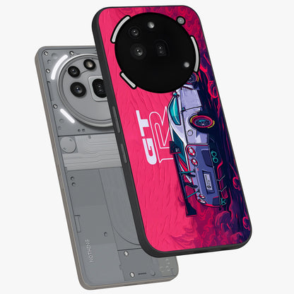 GT-R Car Pattern Glass Case displayed in angled mockup highlighting racing car graphic design with bold automotive aesthetic.