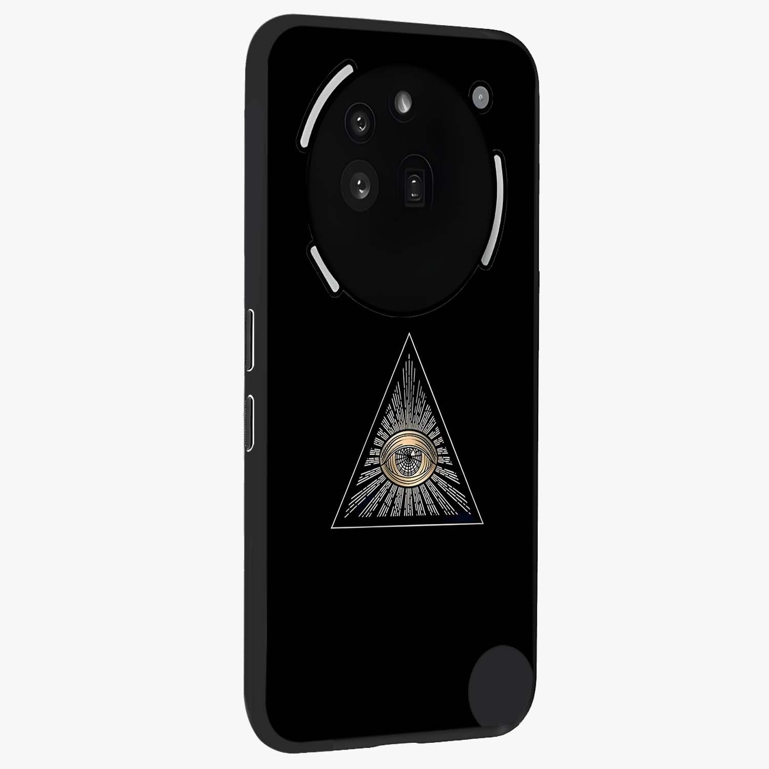 Illuminati Evil Glass Case upright view showcasing striking illuminati artwork with mysterious symbolic theme.