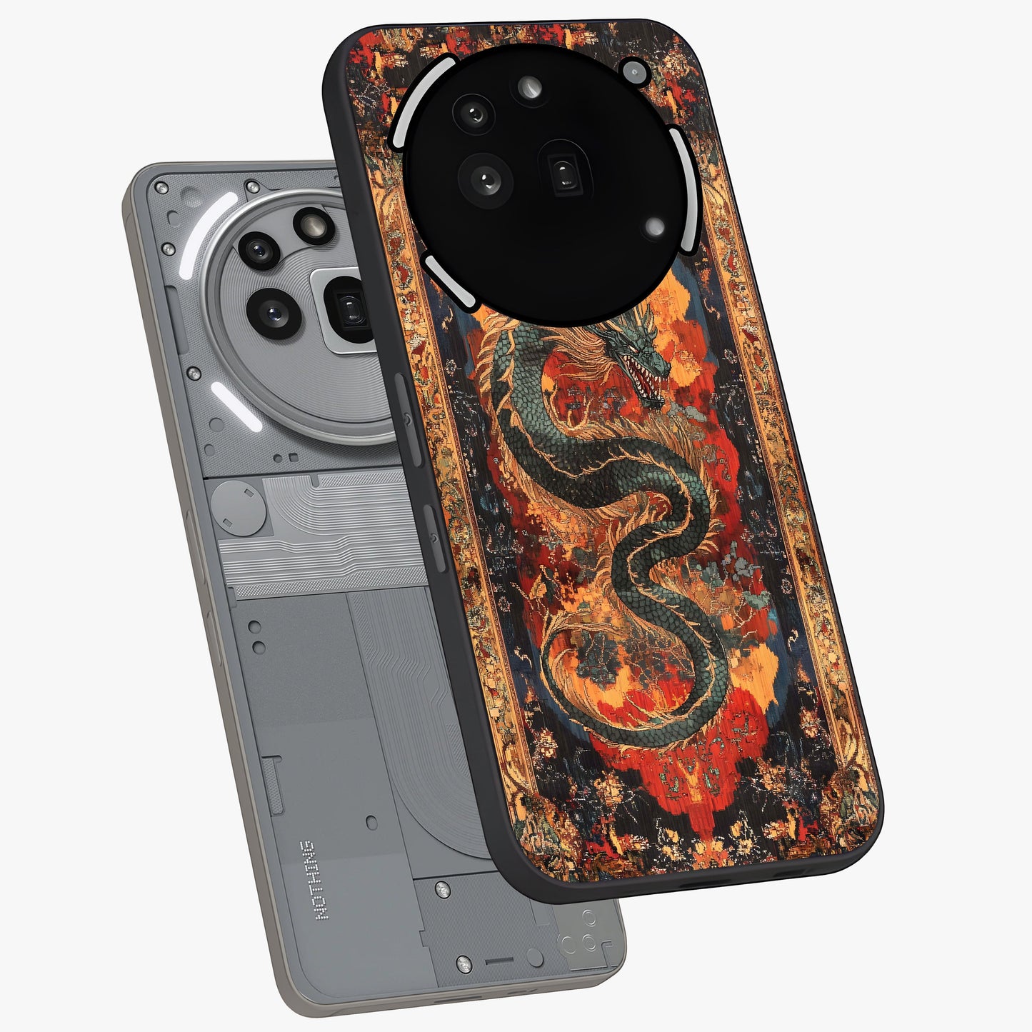 Inferno Dragon Soul Glass Case displayed in angled mockup highlighting powerful dragon illustration with inferno aesthetic.