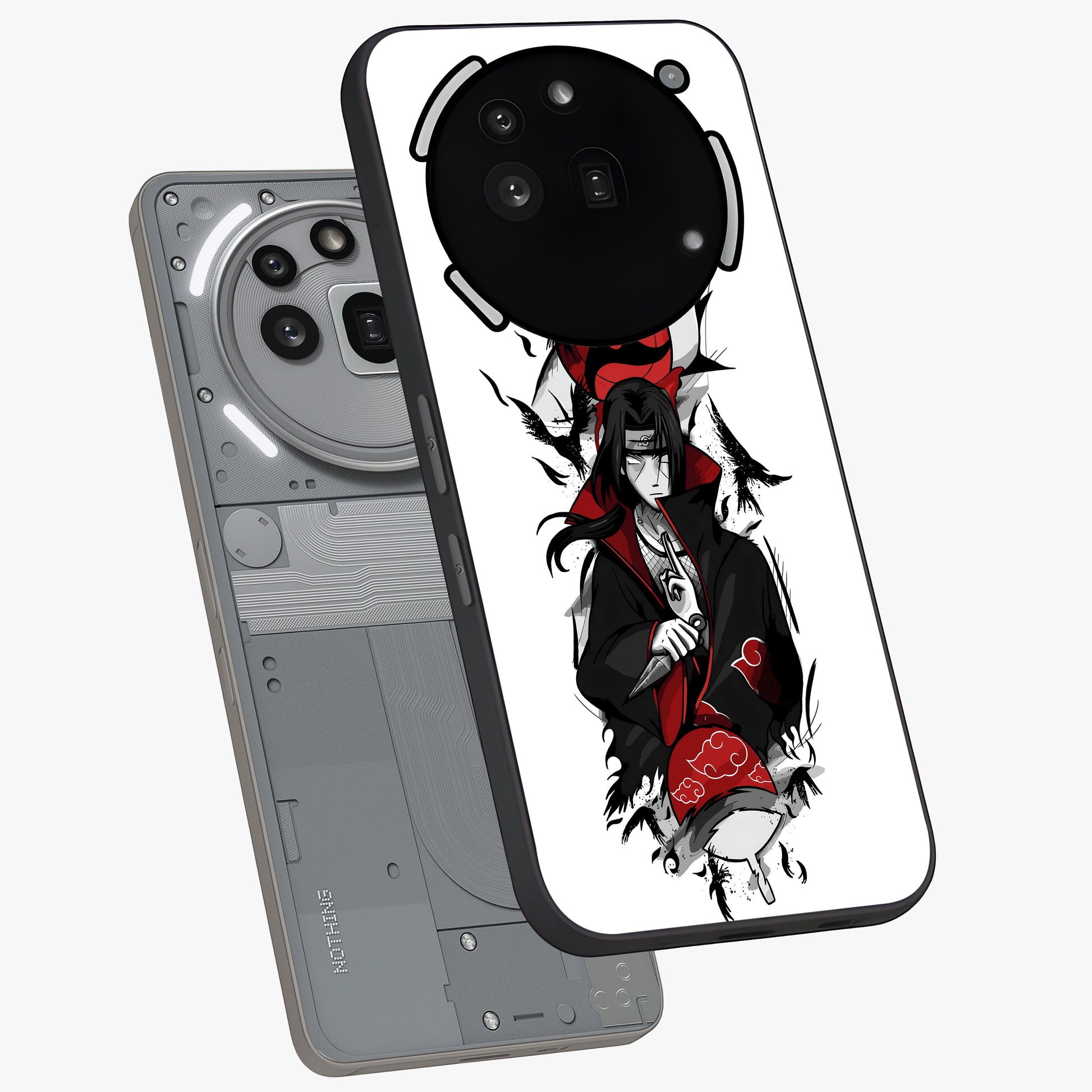 Itachi Limited Edition Naruto Anime Glass Case displayed in angled mockup highlighting dramatic anime illustration with bold action aesthetic.