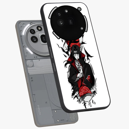 Itachi Limited Edition Naruto Anime Glass Case displayed in angled mockup highlighting dramatic anime illustration with bold action aesthetic.