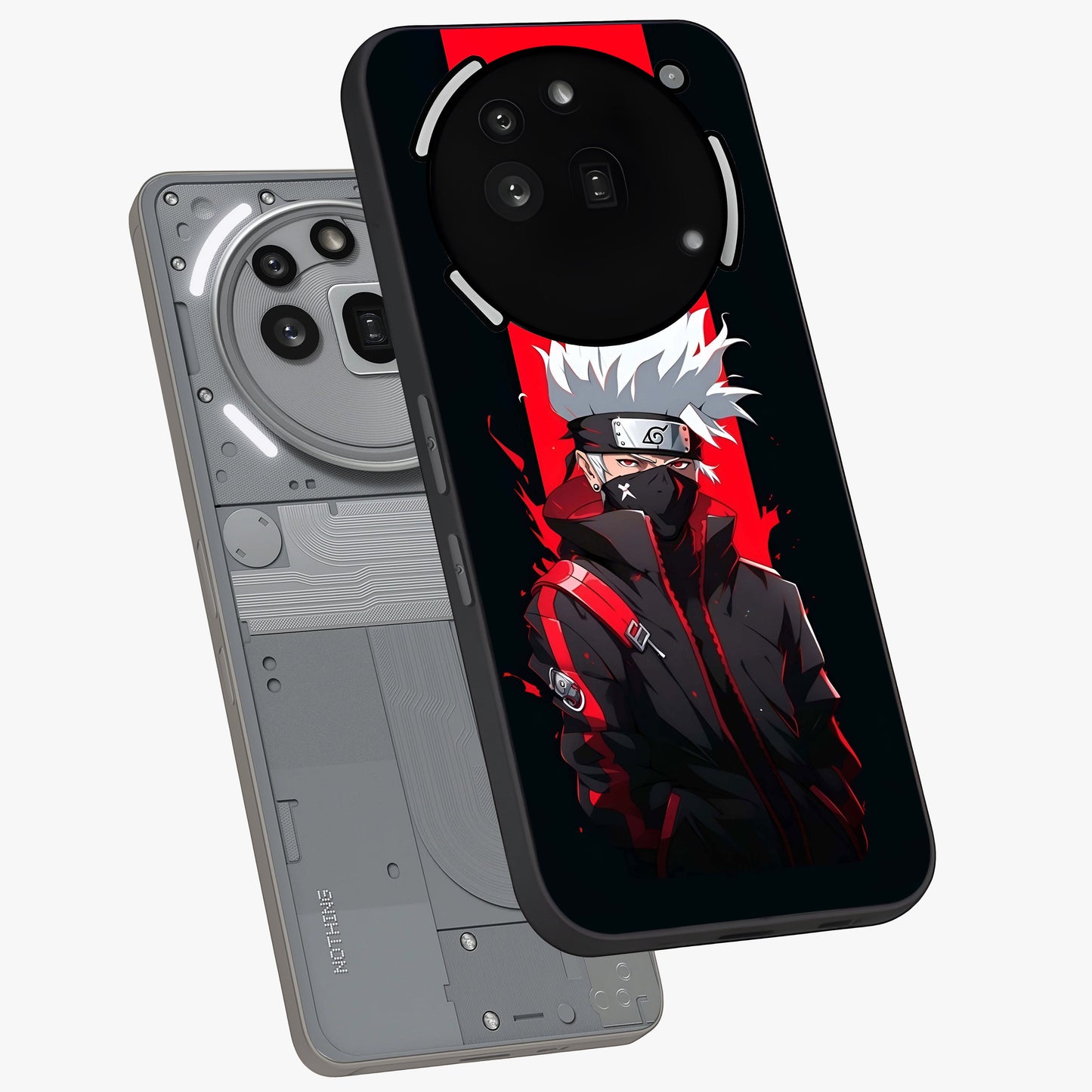 Kakashi Scarlet Shadow Glass Case displayed in angled mockup highlighting dramatic ninja illustration with scarlet themed aesthetic.