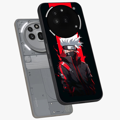 Kakashi Scarlet Shadow Glass Case displayed in angled mockup highlighting dramatic ninja illustration with scarlet themed aesthetic.