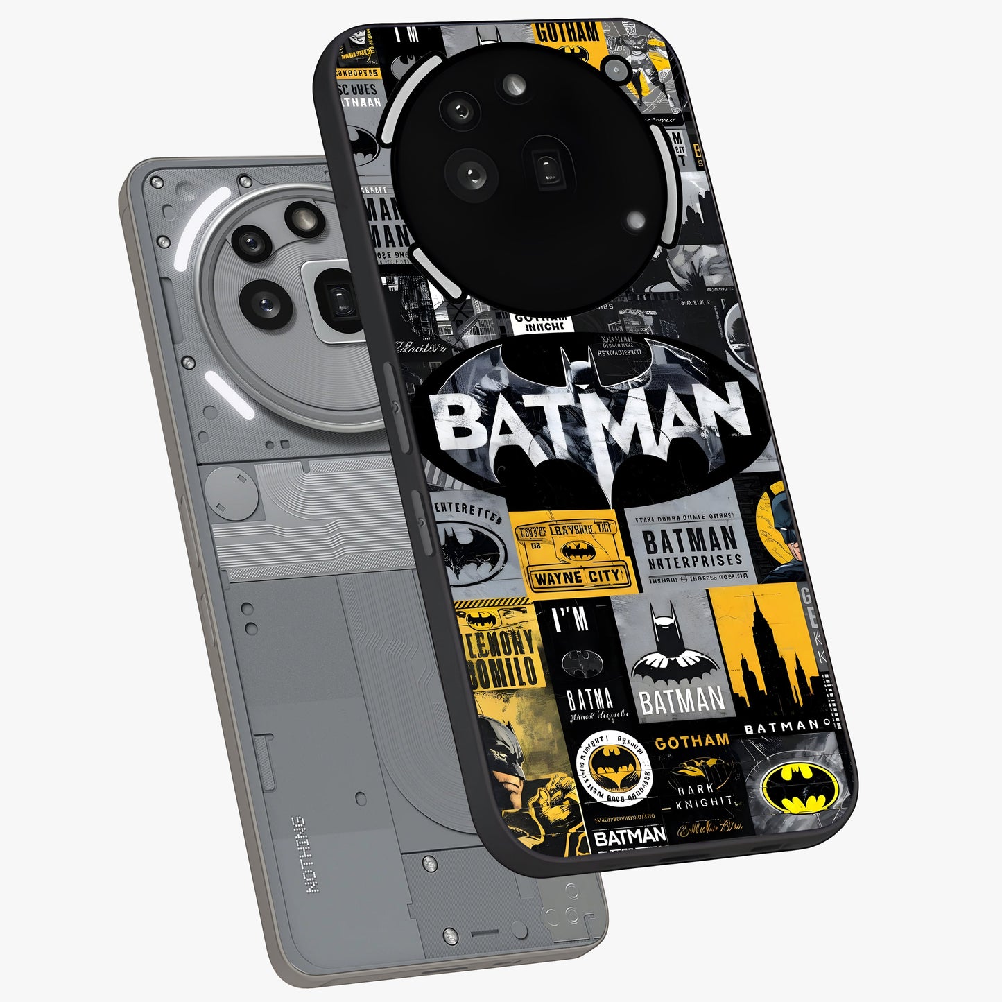 Knight Gotham Rise Glass Case displayed in angled mockup highlighting powerful knight silhouette design with dramatic aesthetic.