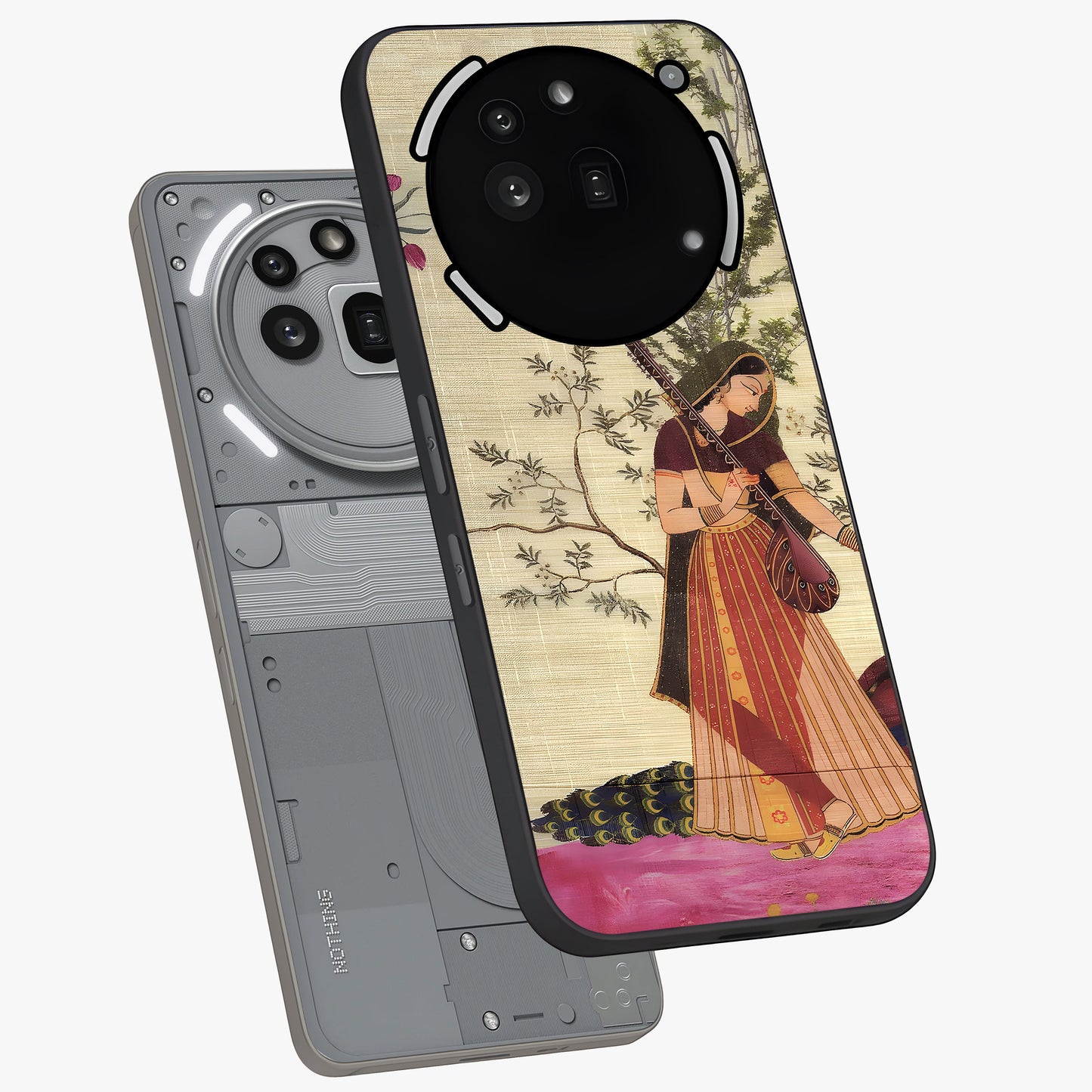 Lady With Veena Art Glass Case displayed in angled mockup highlighting graceful musical illustration with cultural artistic aesthetic.
