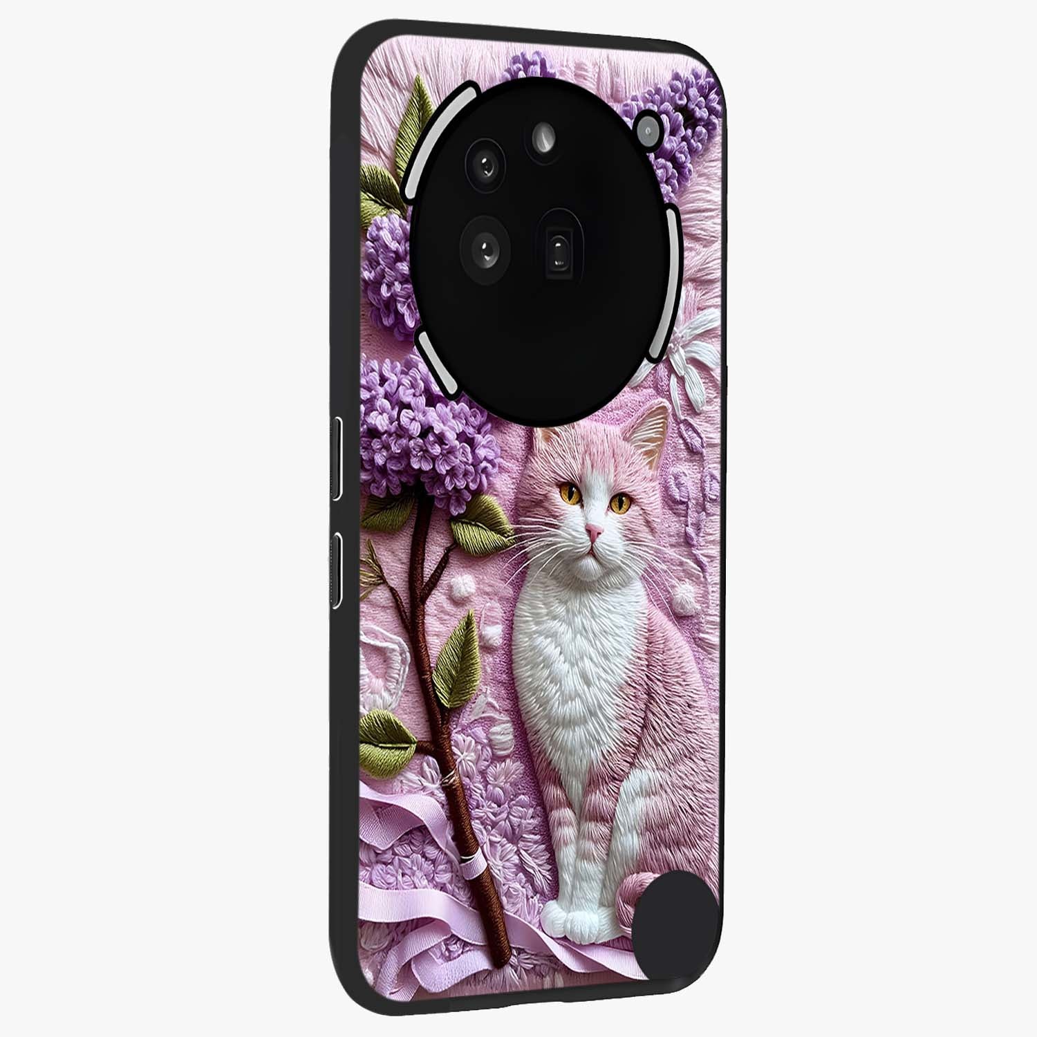 Lavender Cat Whimsy Glass Case upright view showcasing charming cat artwork with whimsical lavender theme.