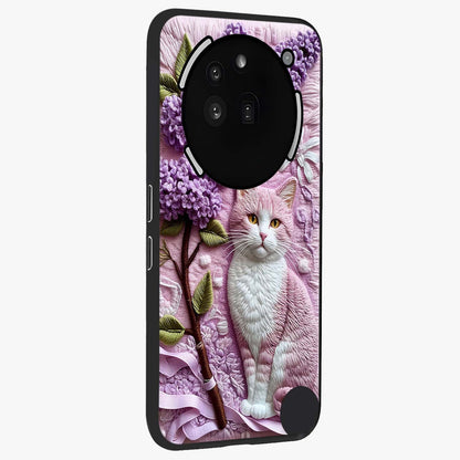 Lavender Cat Whimsy Glass Case upright view showcasing charming cat artwork with whimsical lavender theme.