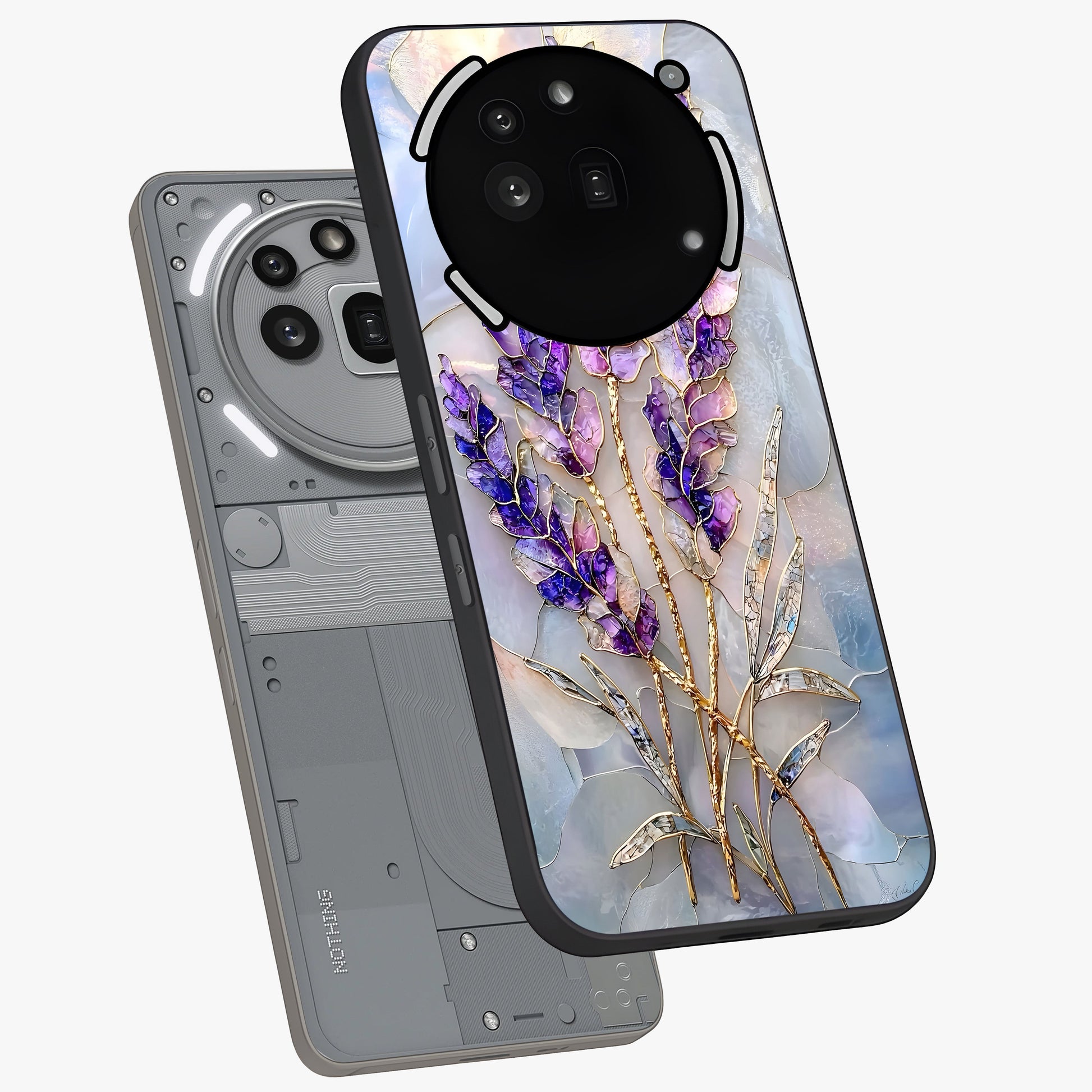 Lavender Dream Glow Glass Case displayed in angled mockup highlighting dreamy purple glow design with soft artistic style.