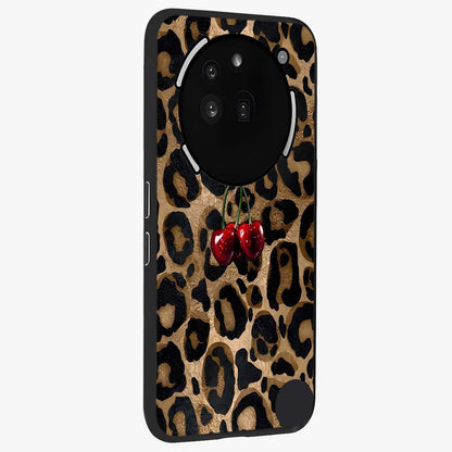 Leopard Wild Cherry Glass Case upright view showcasing stylish leopard pattern artwork with trendy fashion theme.