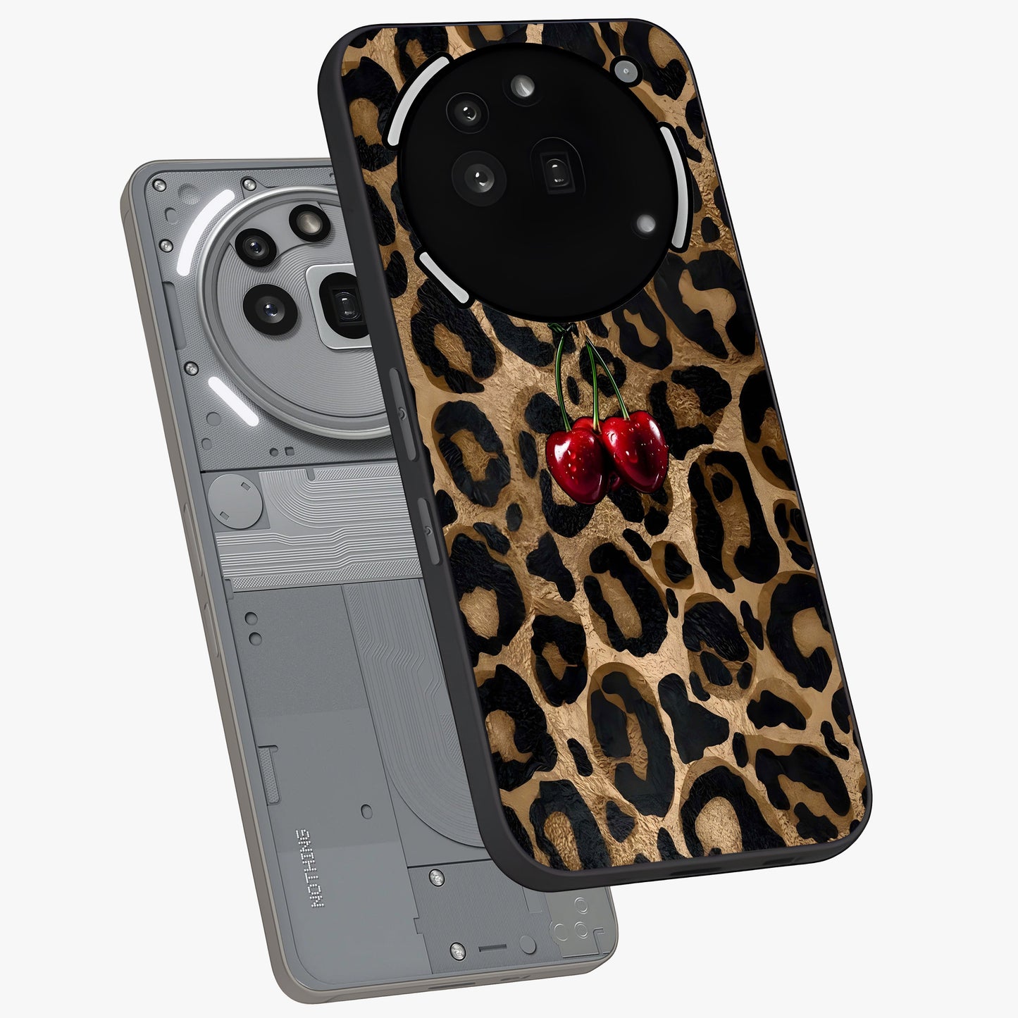 Leopard Wild Cherry Glass Case displayed in angled mockup highlighting bold animal print design with playful cherry aesthetic.