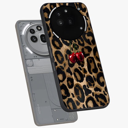 Leopard Wild Cherry Glass Case displayed in angled mockup highlighting bold animal print design with playful cherry aesthetic.