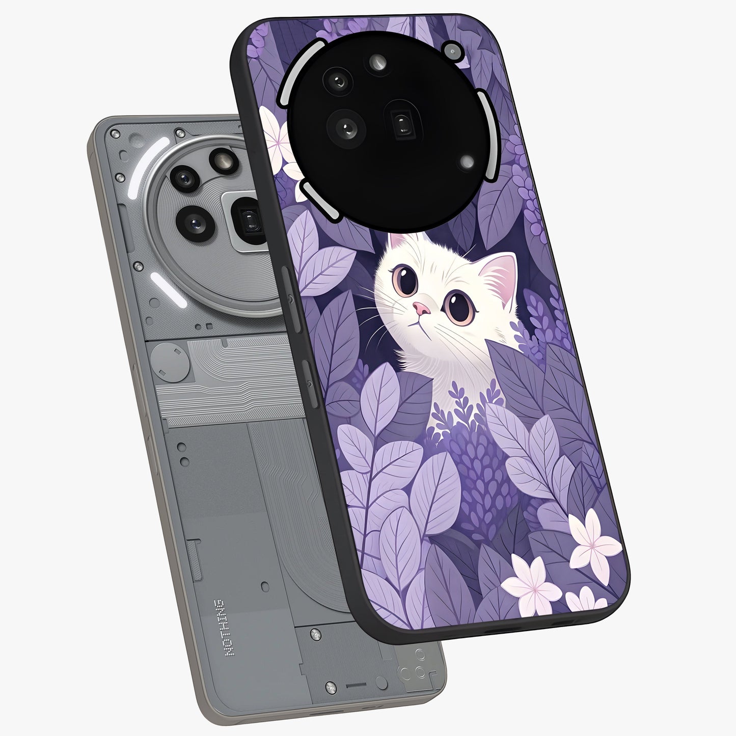 Lilac Hide Peek Cat Glass Case displayed in angled mockup highlighting playful feline illustration with lilac aesthetic design.