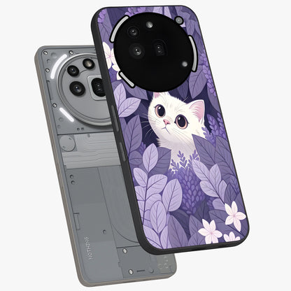 Lilac Hide Peek Cat Glass Case displayed in angled mockup highlighting playful feline illustration with lilac aesthetic design.