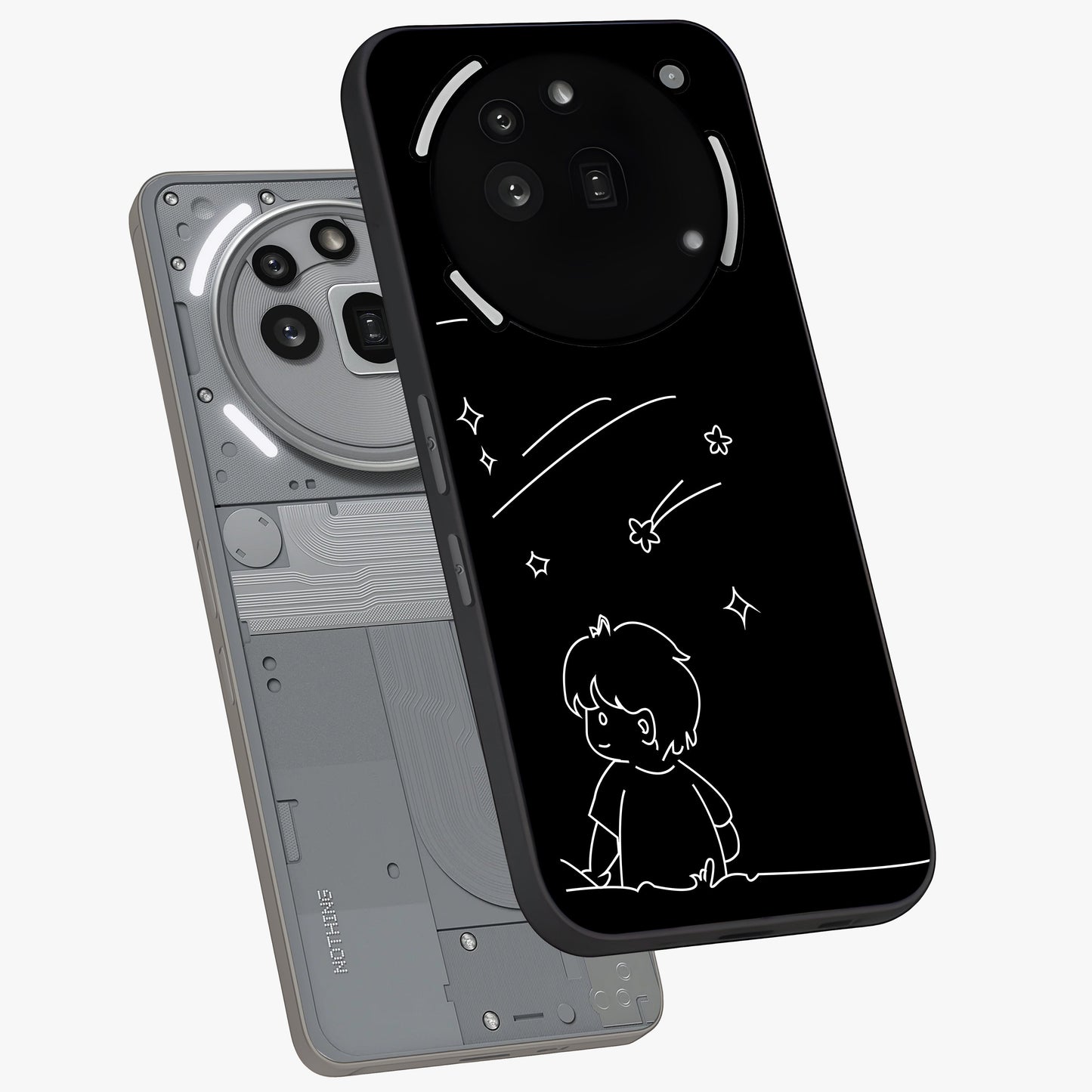 Line Art Boy With Shooting Stars Glass Case displayed in angled mockup highlighting elegant line art design with dreamy star aesthetic.