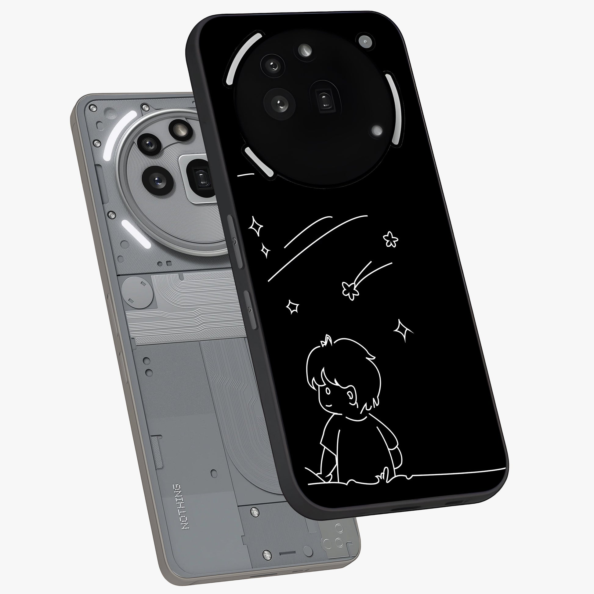 Line Art Boy With Shooting Stars Glass Case displayed in angled mockup highlighting elegant line art design with dreamy star aesthetic.