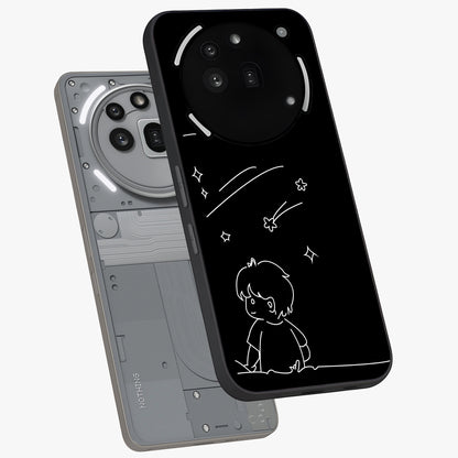 Line Art Boy With Shooting Stars Glass Case displayed in angled mockup highlighting elegant line art design with dreamy star aesthetic.