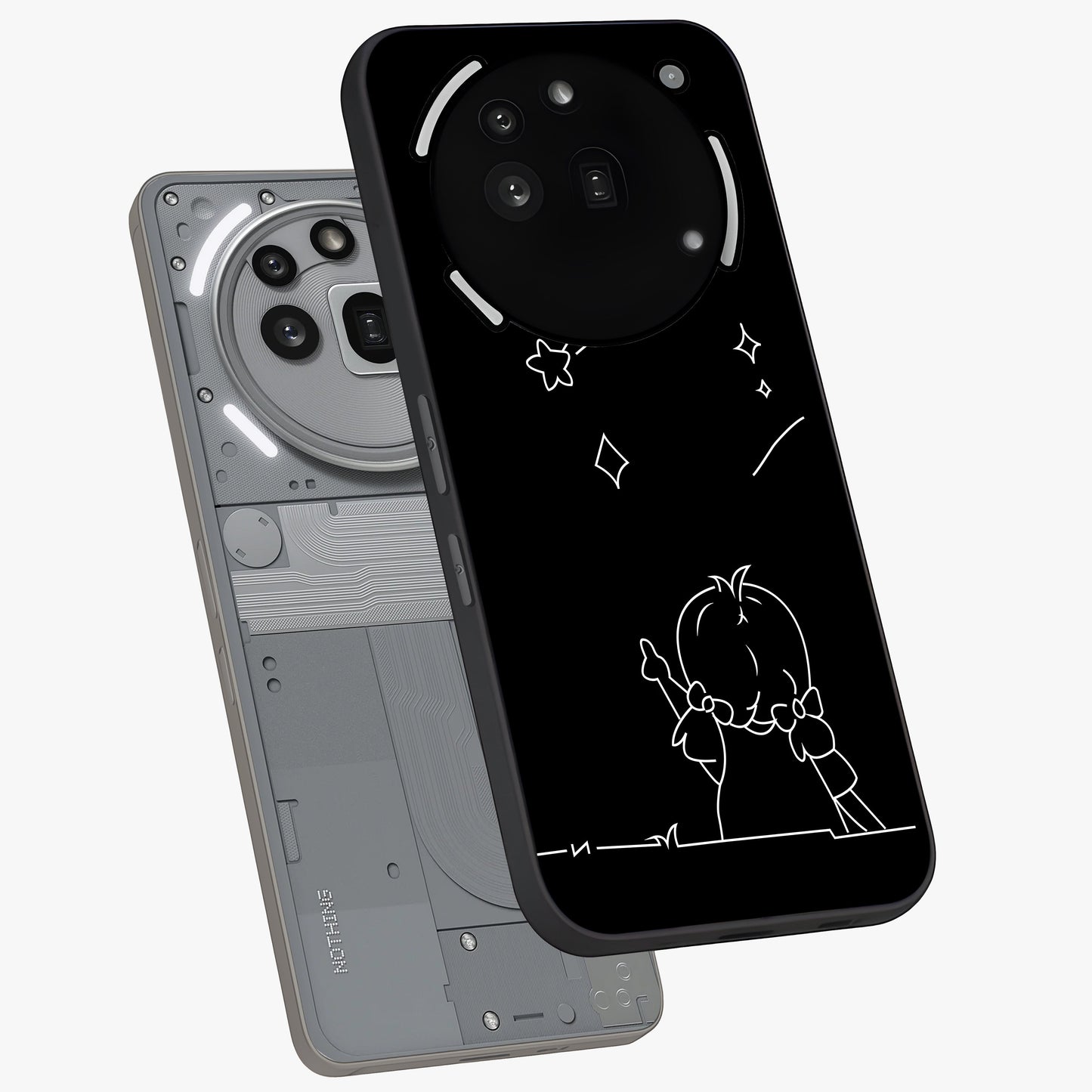Line Art Girl With Shooting Stars Glass Case displayed in angled mockup highlighting elegant line art design with dreamy star aesthetic.