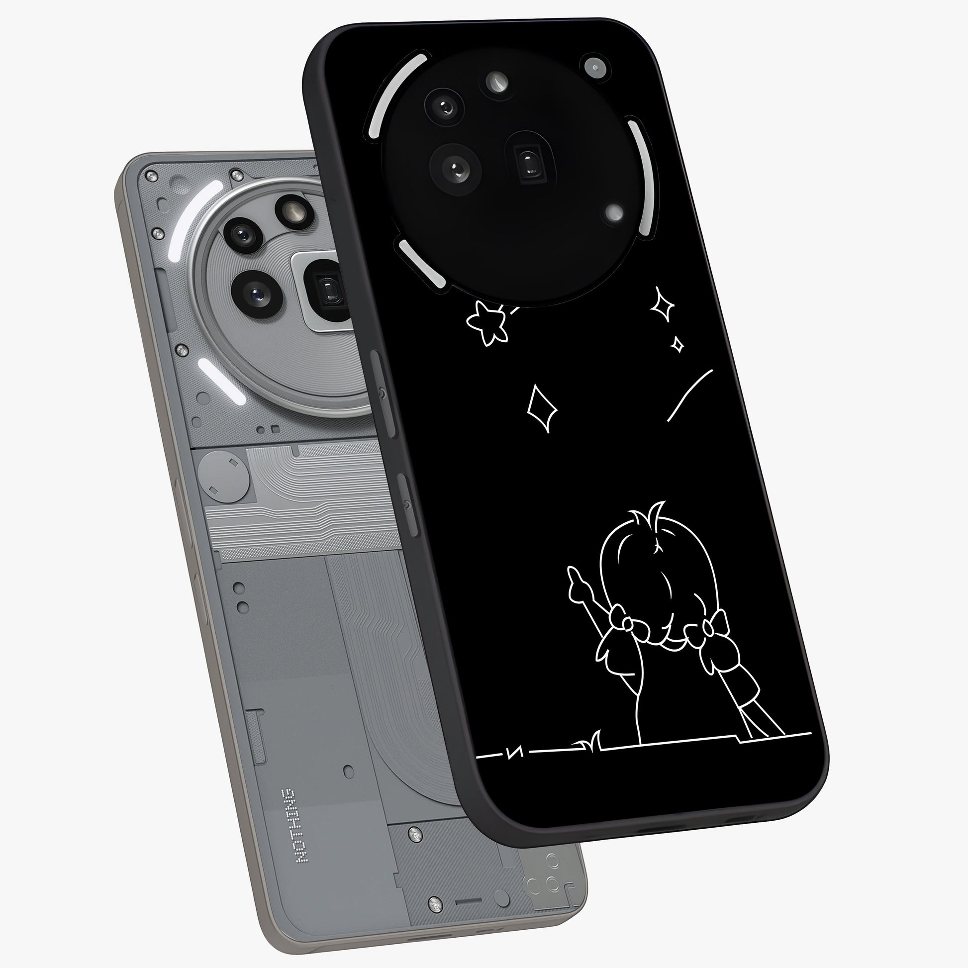 Line Art Girl With Shooting Stars Glass Case displayed in angled mockup highlighting elegant line art design with dreamy star aesthetic.