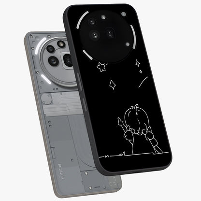 Line Art Girl With Shooting Stars Glass Case displayed in angled mockup highlighting elegant line art design with dreamy star aesthetic.