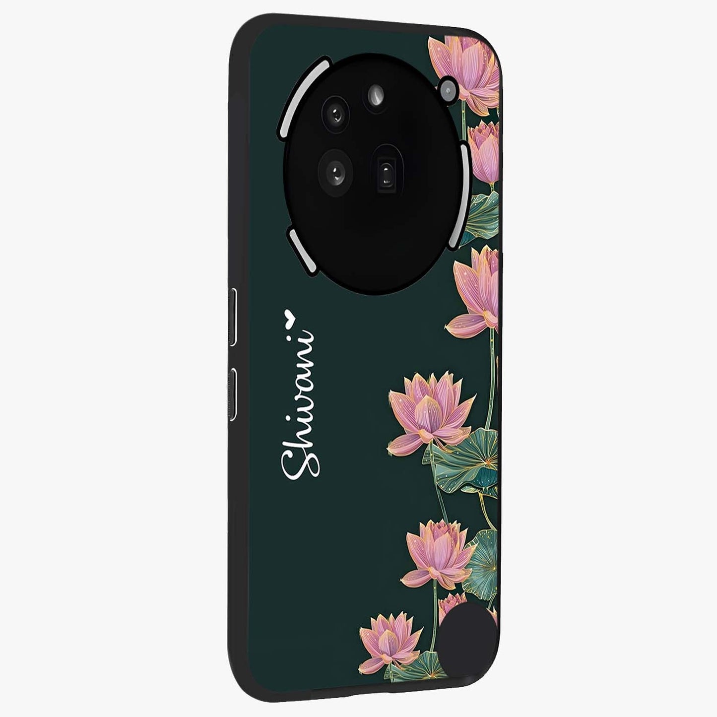 Lotus Bloom Serenity Custom Name Glass Case upright view showcasing serene lotus bloom artwork with personalized floral aesthetic.