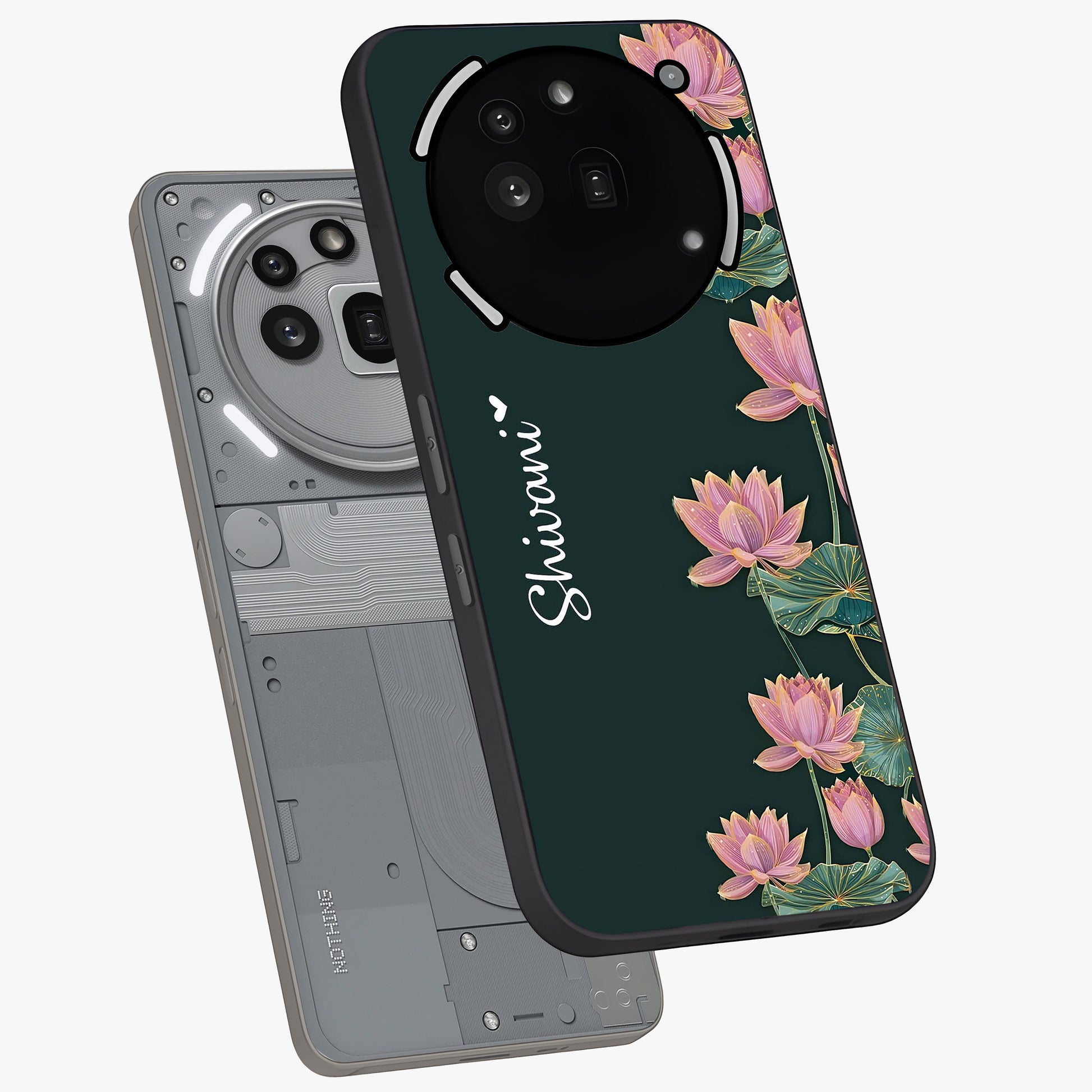 Lotus Bloom Serenity Custom Name Glass Case displayed in angled mockup highlighting graceful lotus illustration with custom name feature.