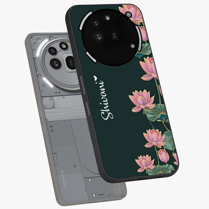 Lotus Bloom Serenity Custom Name Glass Case displayed in angled mockup highlighting graceful lotus illustration with custom name feature.