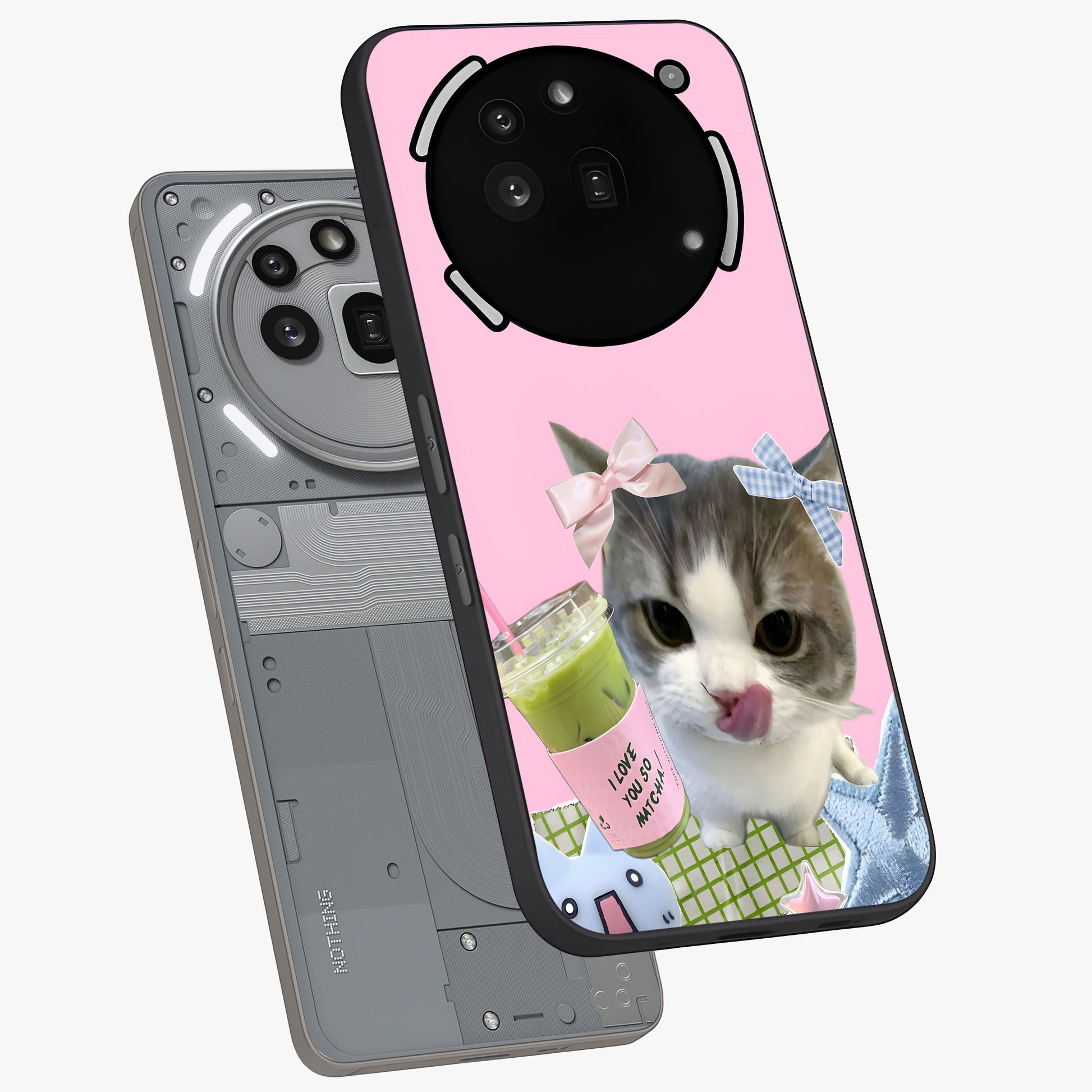 Love Matcha Cat Glass Case displayed in angled mockup highlighting playful feline illustration with cozy matcha aesthetic.