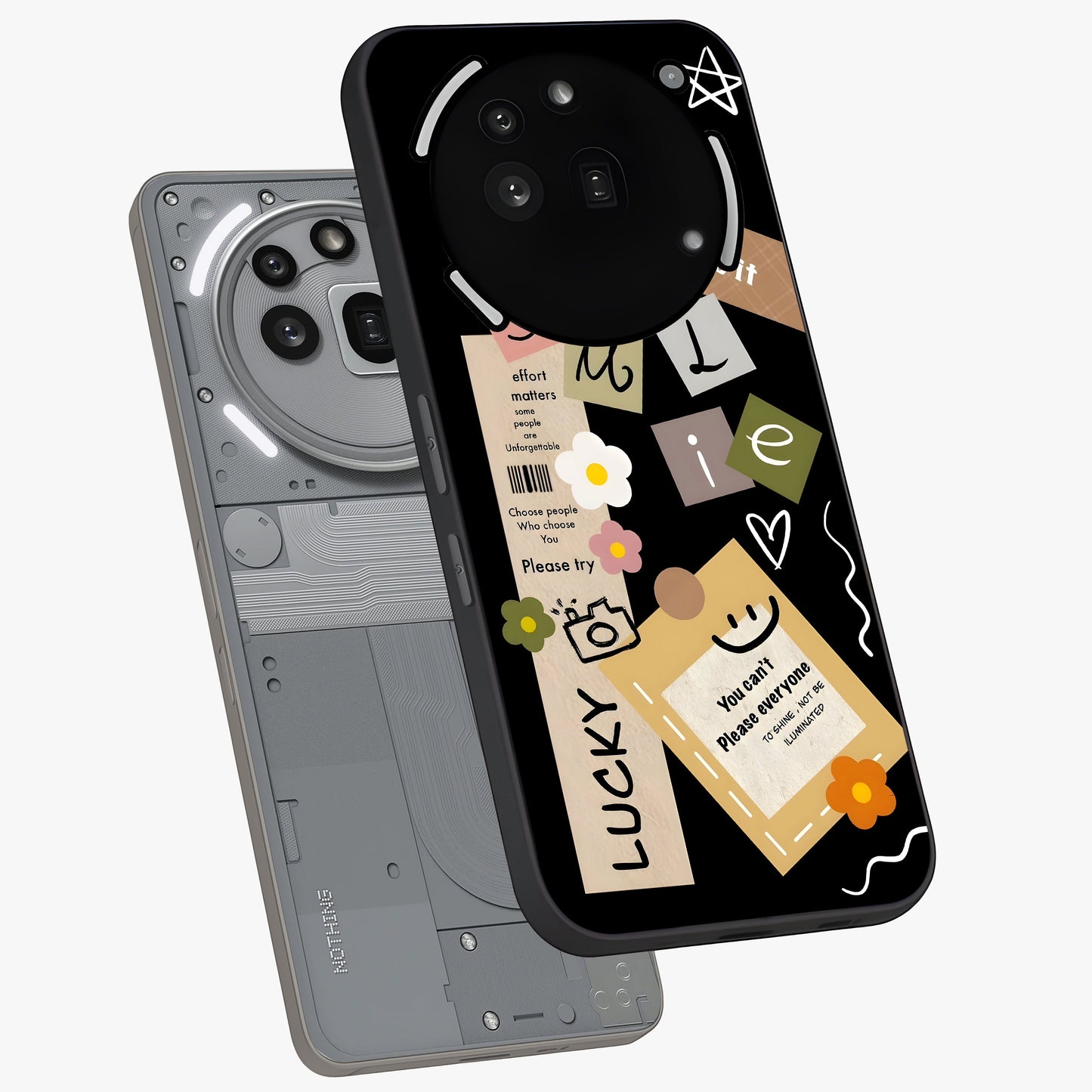 Lucky Aesthetic Collage Glass Case displayed in angled mockup highlighting stylish collage pattern with modern aesthetic vibe.
