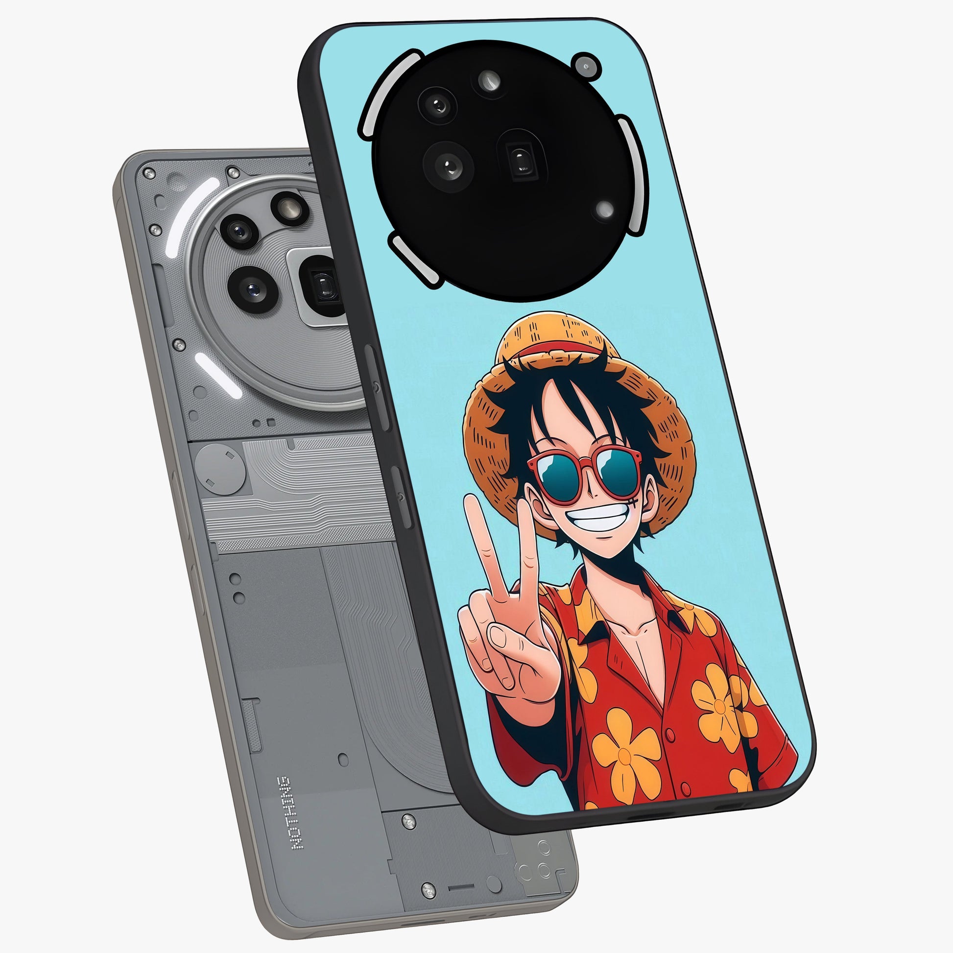 Luffy Summer Anime Vibe Glass Case displayed in angled mockup highlighting energetic anime illustration with summer vibe aesthetic.