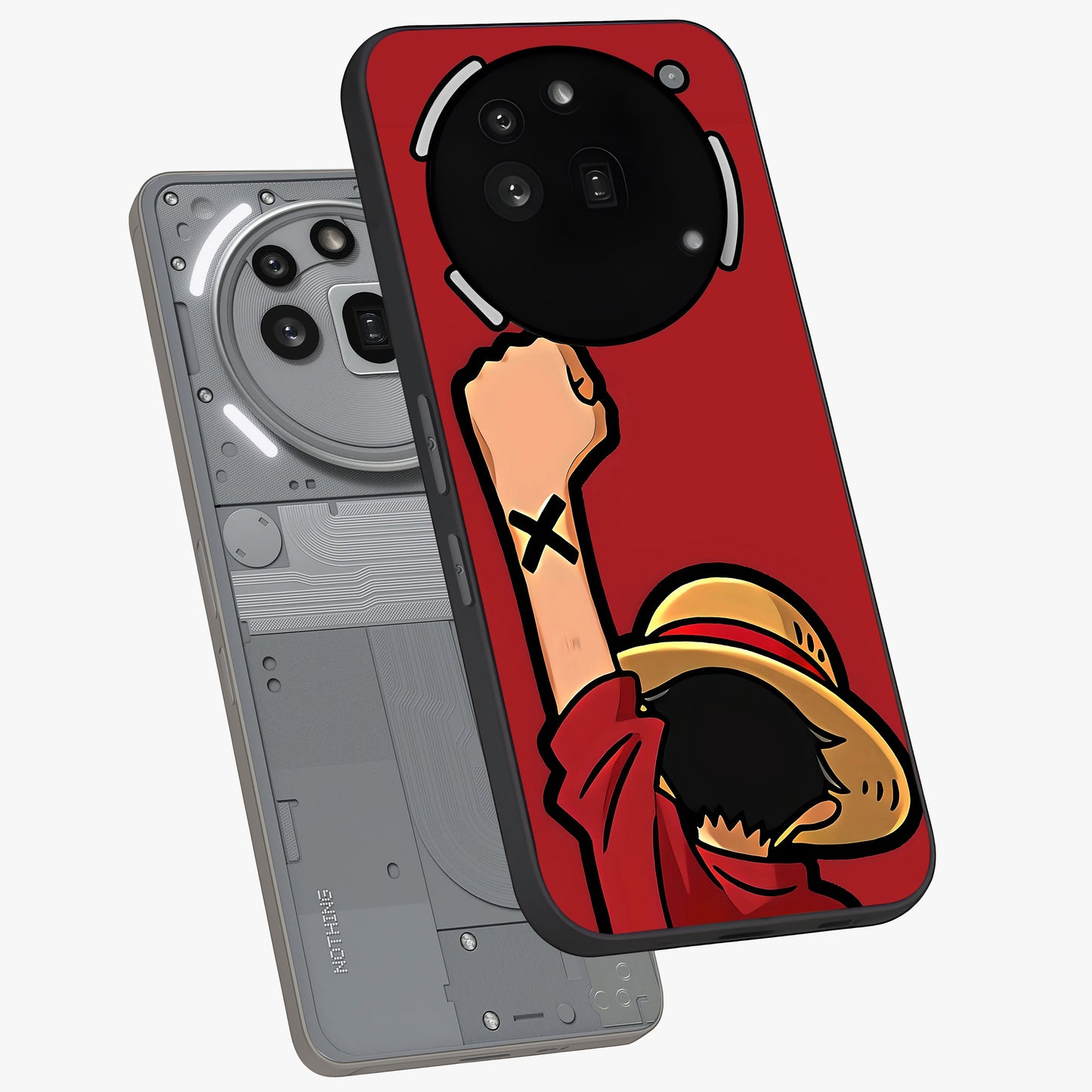 Luffy X Spirit Glass Case displayed in angled mockup highlighting powerful anime design with energetic action aesthetic.