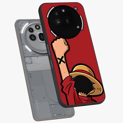 Luffy X Spirit Glass Case displayed in angled mockup highlighting powerful anime design with energetic action aesthetic.