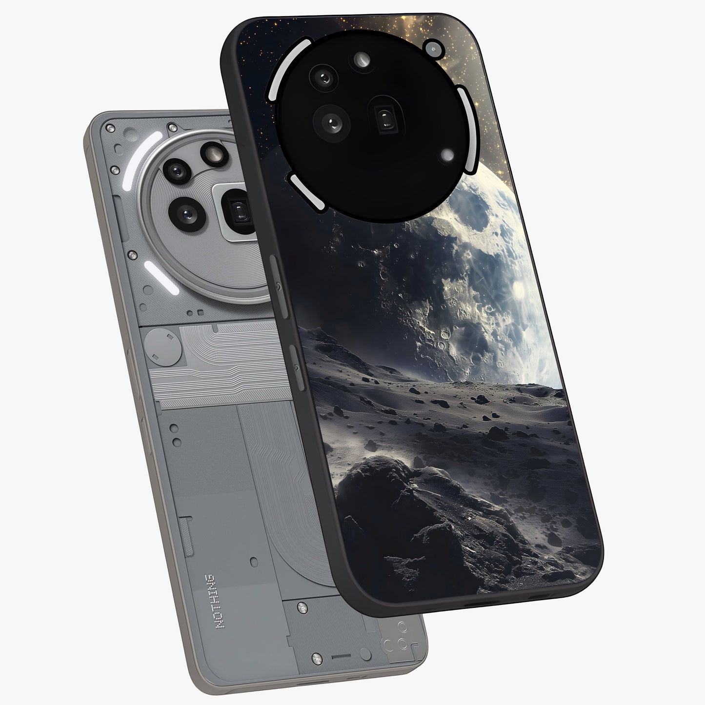 Lunar Horizon Glow Glass Case displayed in angled mockup highlighting celestial moon design with dreamy night aesthetic.