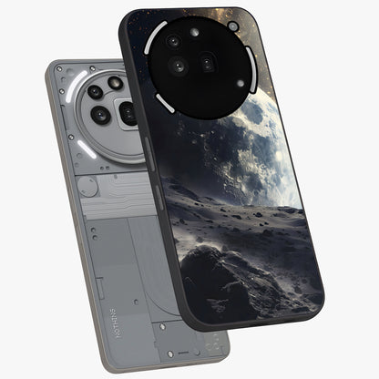 Lunar Horizon Glow Glass Case displayed in angled mockup highlighting celestial moon design with dreamy night aesthetic.