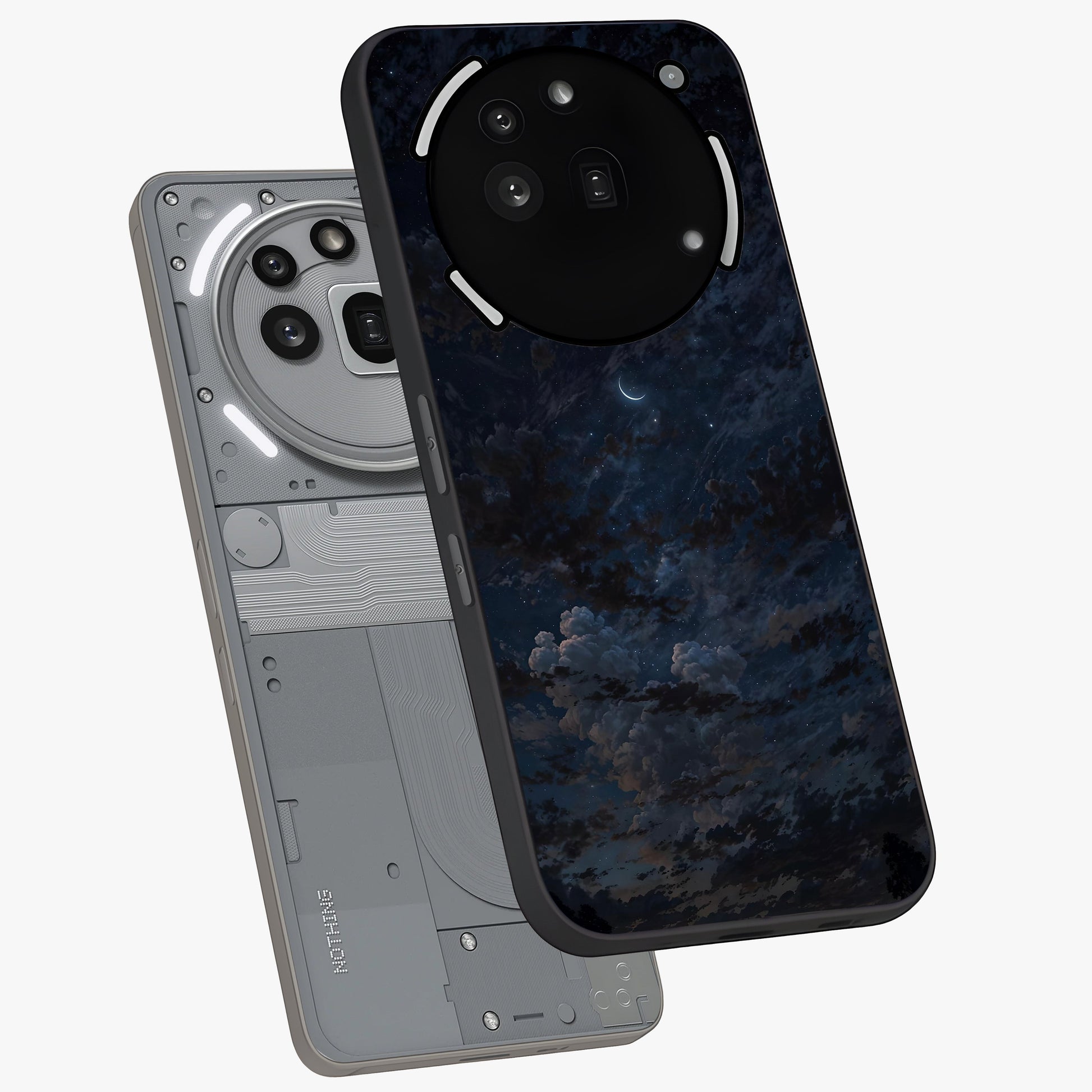 Lunar Veil Silence Glass Case displayed in angled mockup highlighting soft lunar design with peaceful celestial aesthetic.