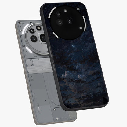 Lunar Veil Silence Glass Case displayed in angled mockup highlighting soft lunar design with peaceful celestial aesthetic.